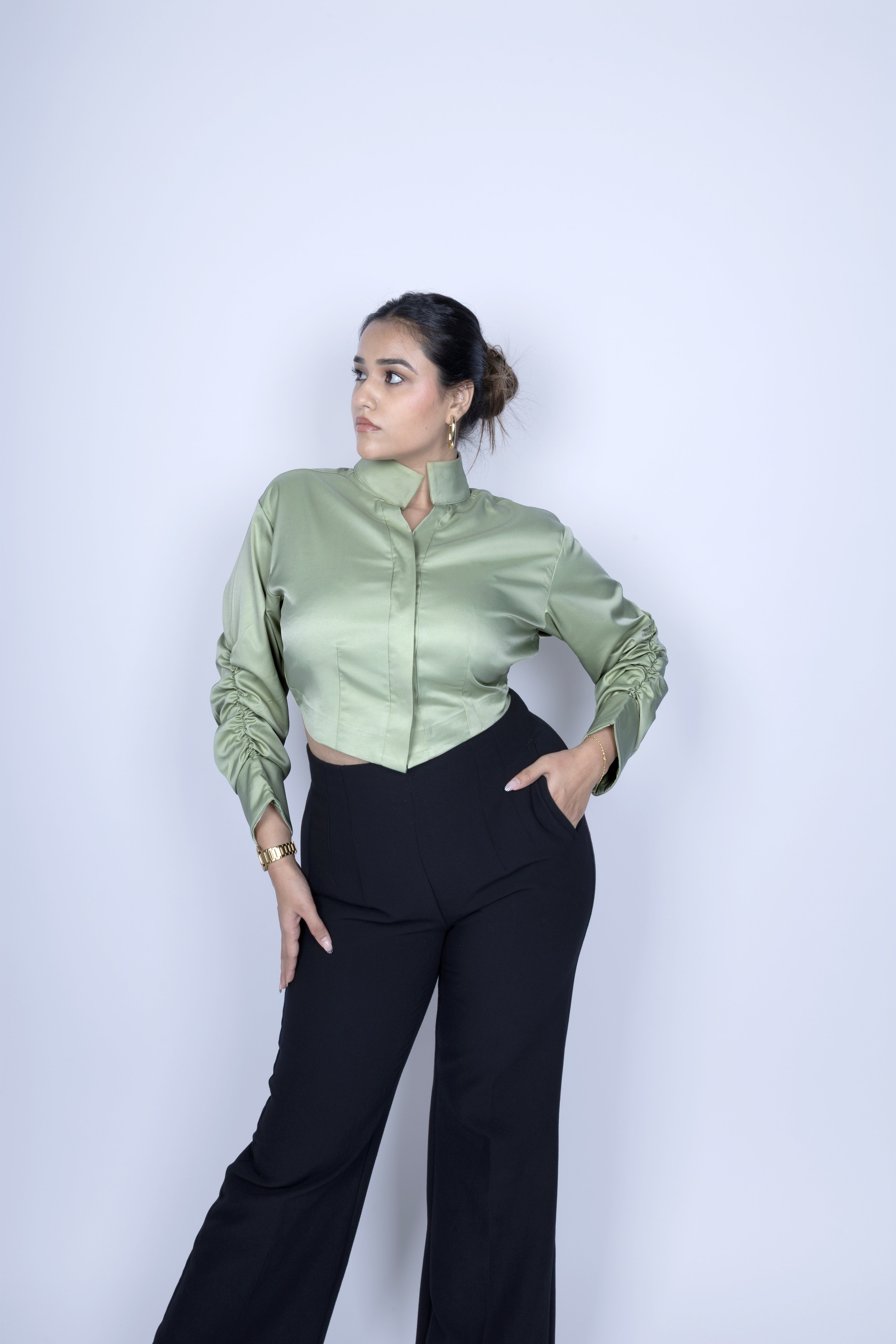 Ruched sleeve crop shirt