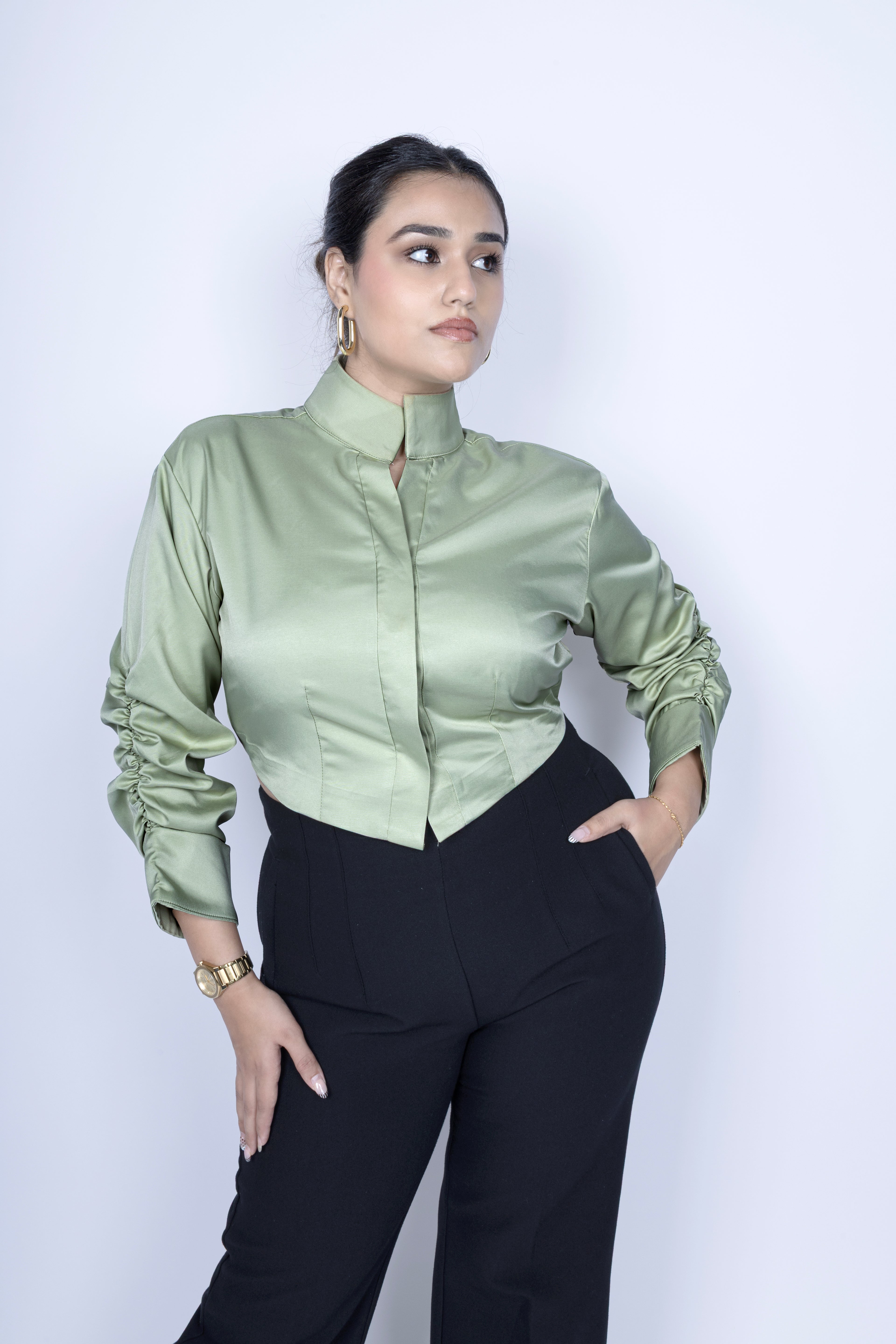 Ruched sleeve crop shirt