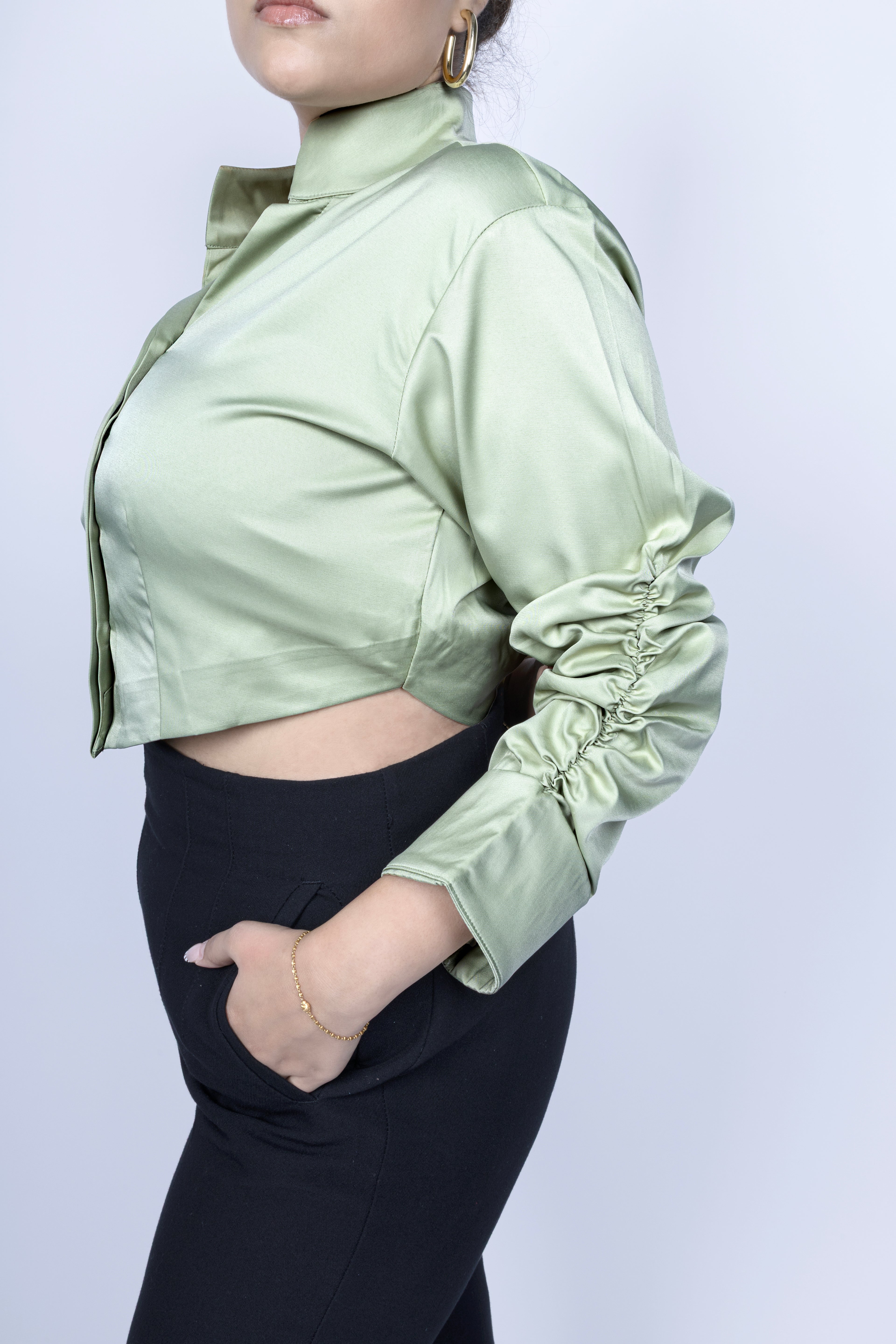 Ruched sleeve crop shirt