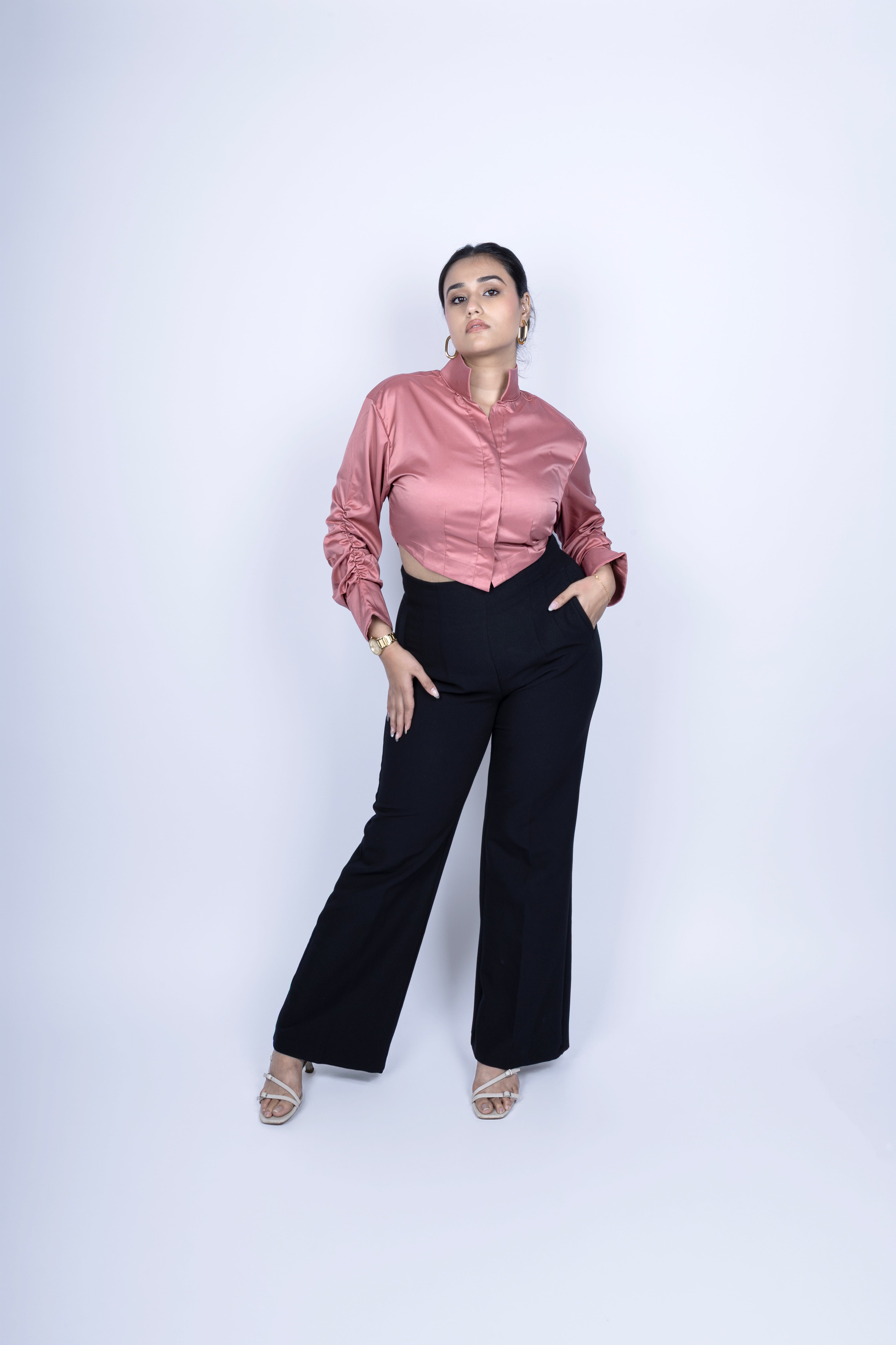 Ruched sleeve crop shirt