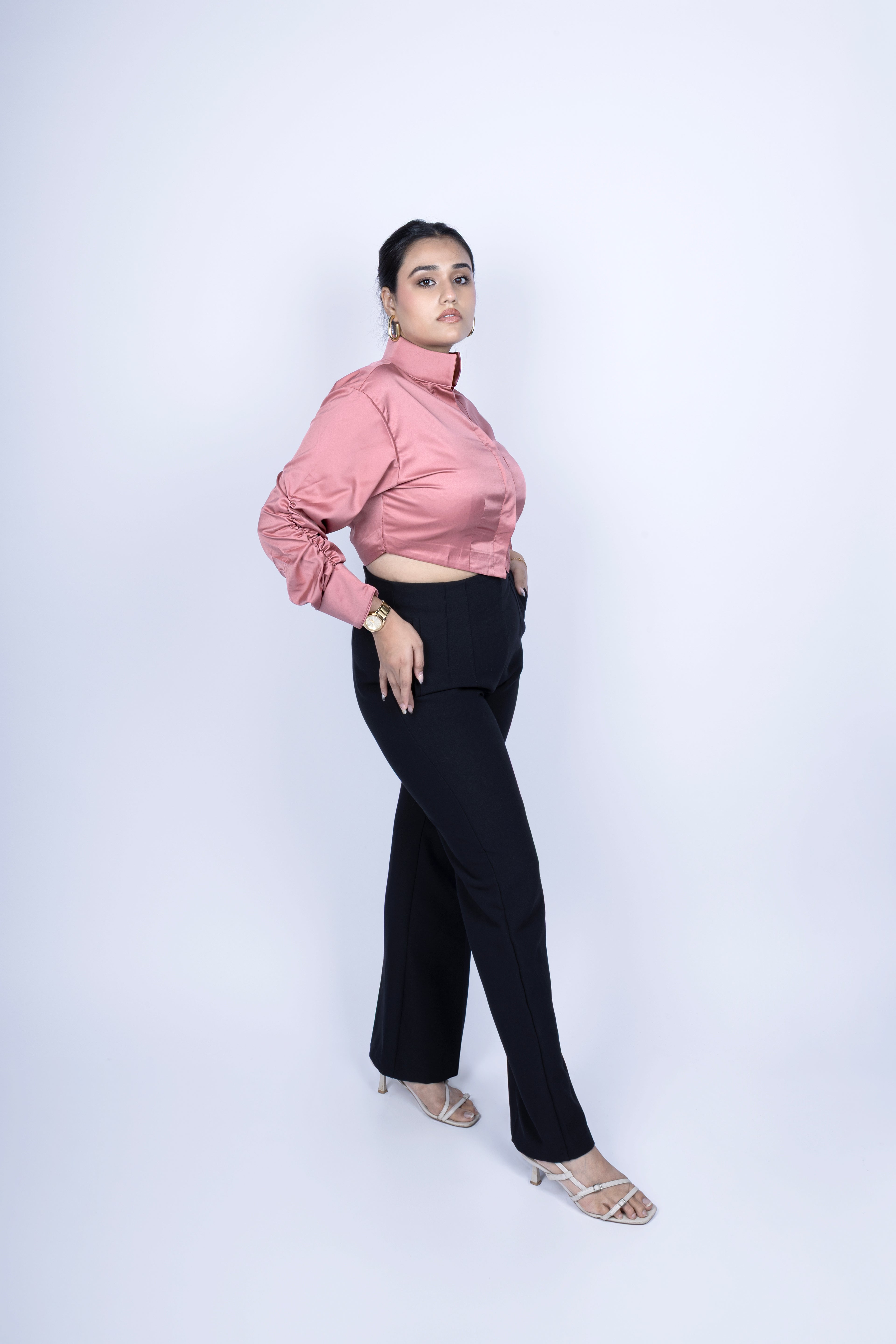 Ruched sleeve crop shirt