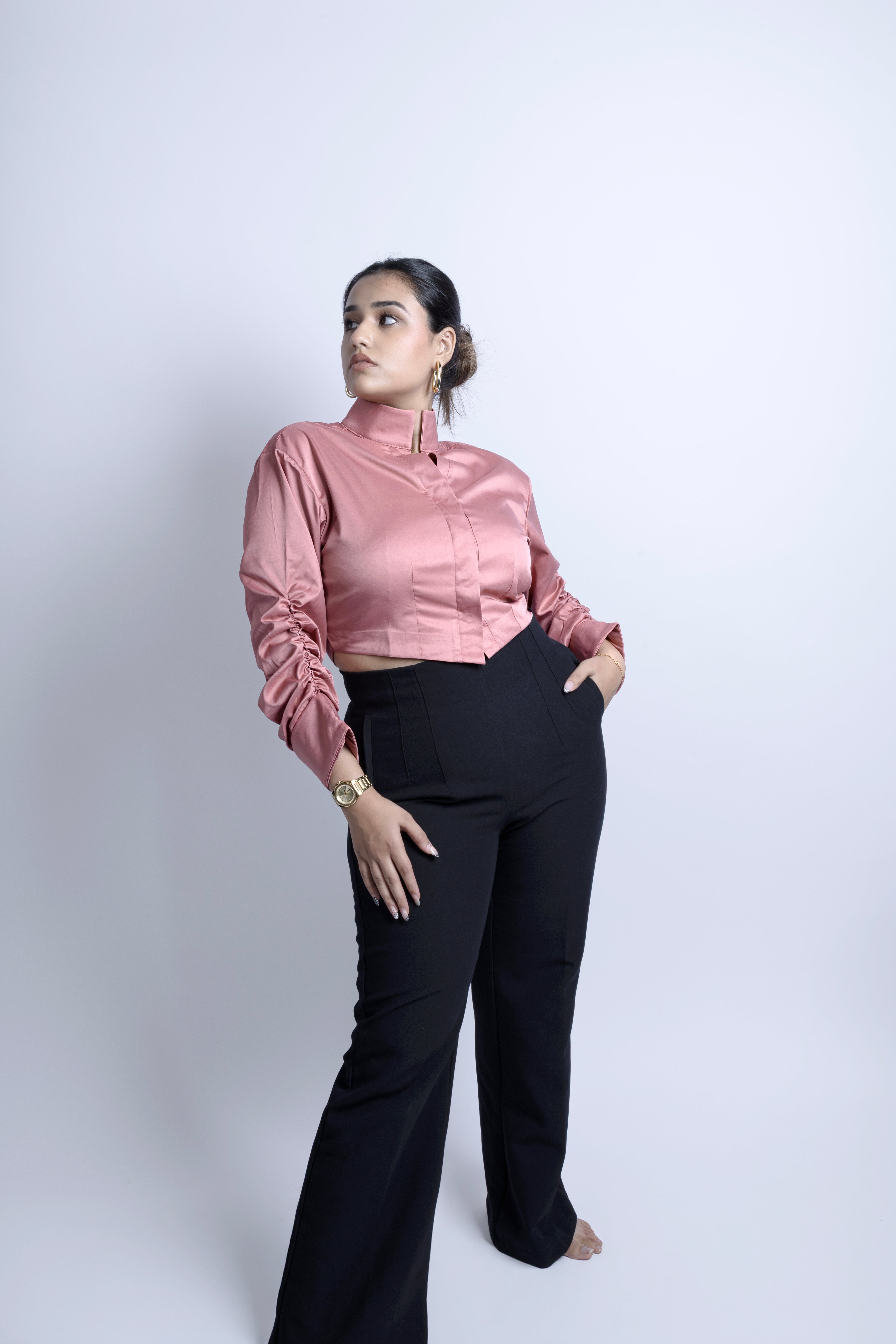 Ruched sleeve crop shirt